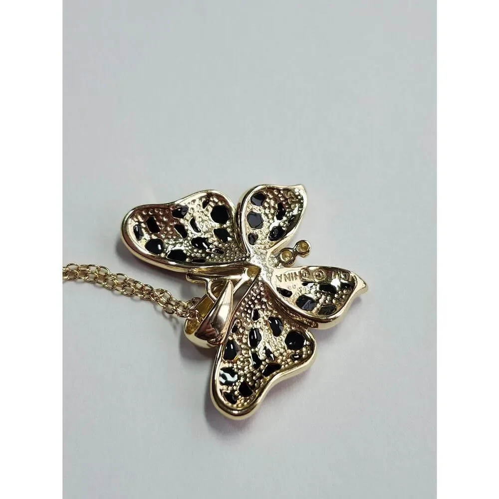 18K Gold Plated Sterling Silver Butterfly Pendant Necklace w/ Pink Blue Crystals
